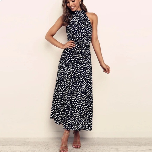 Black and White Halter Tiered Dress Soft Dot Midi Ruffle Size Small Coastal Y2K - Picture 11 of 11